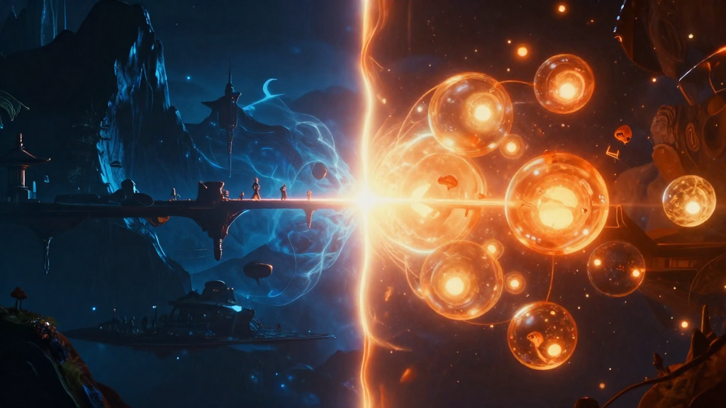 Two worlds converging at a seam of light