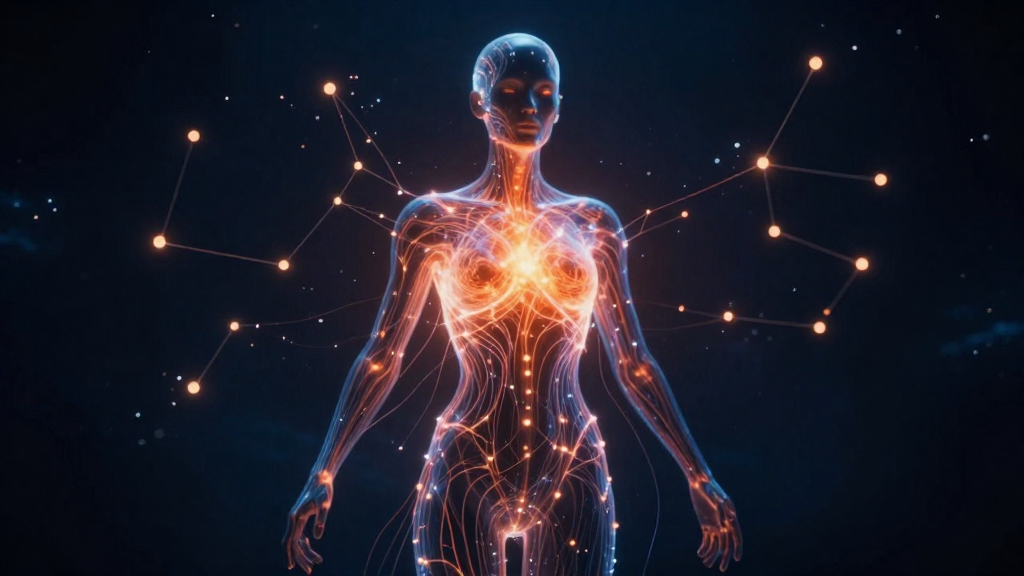A synthetic being awakening in a constellation of light