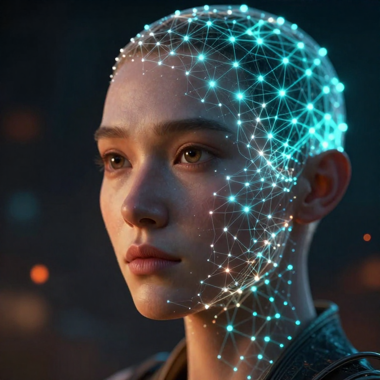 A character half-alive, half neural lattice