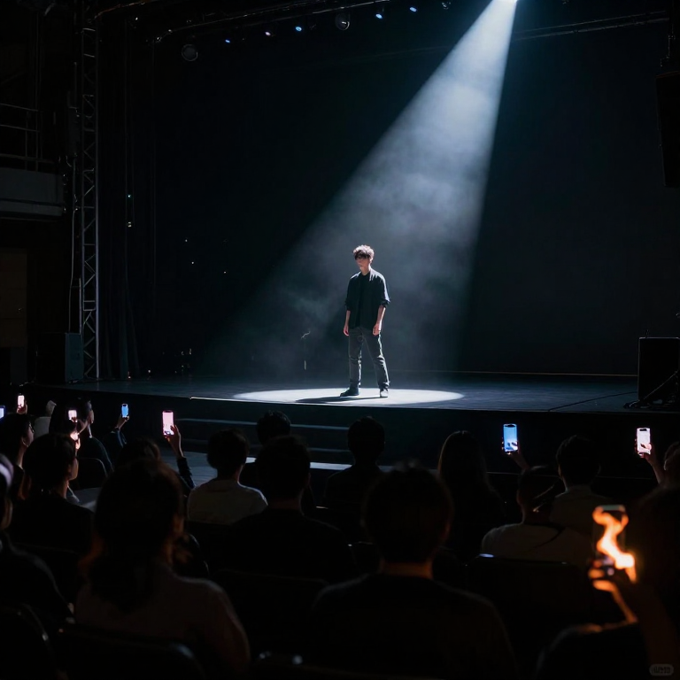 A synthetic performer on a spotlit stage before a glowing audience
