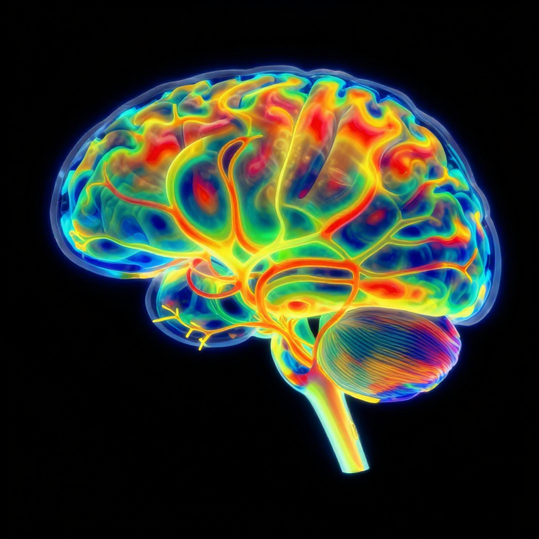 A brain rendered as a false-color neural activation heatmap